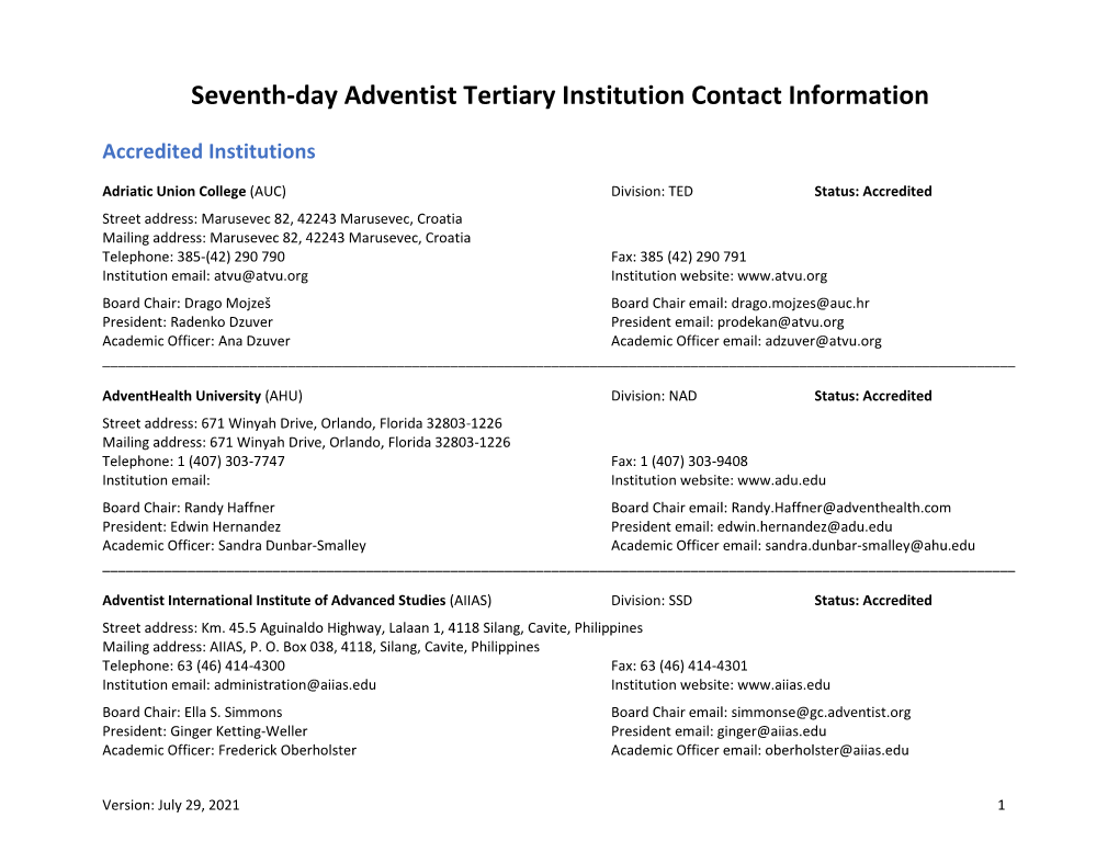 Seventh-Day Adventist Tertiary Institution Contact Information