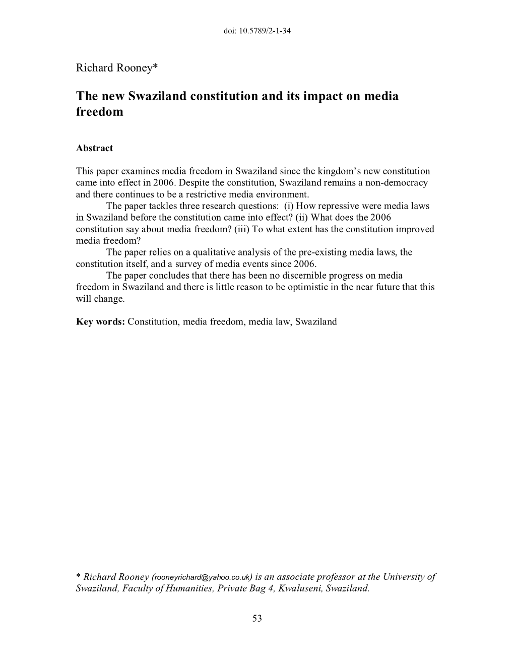The New Swaziland Constitution and Its Impact on Media Freedom