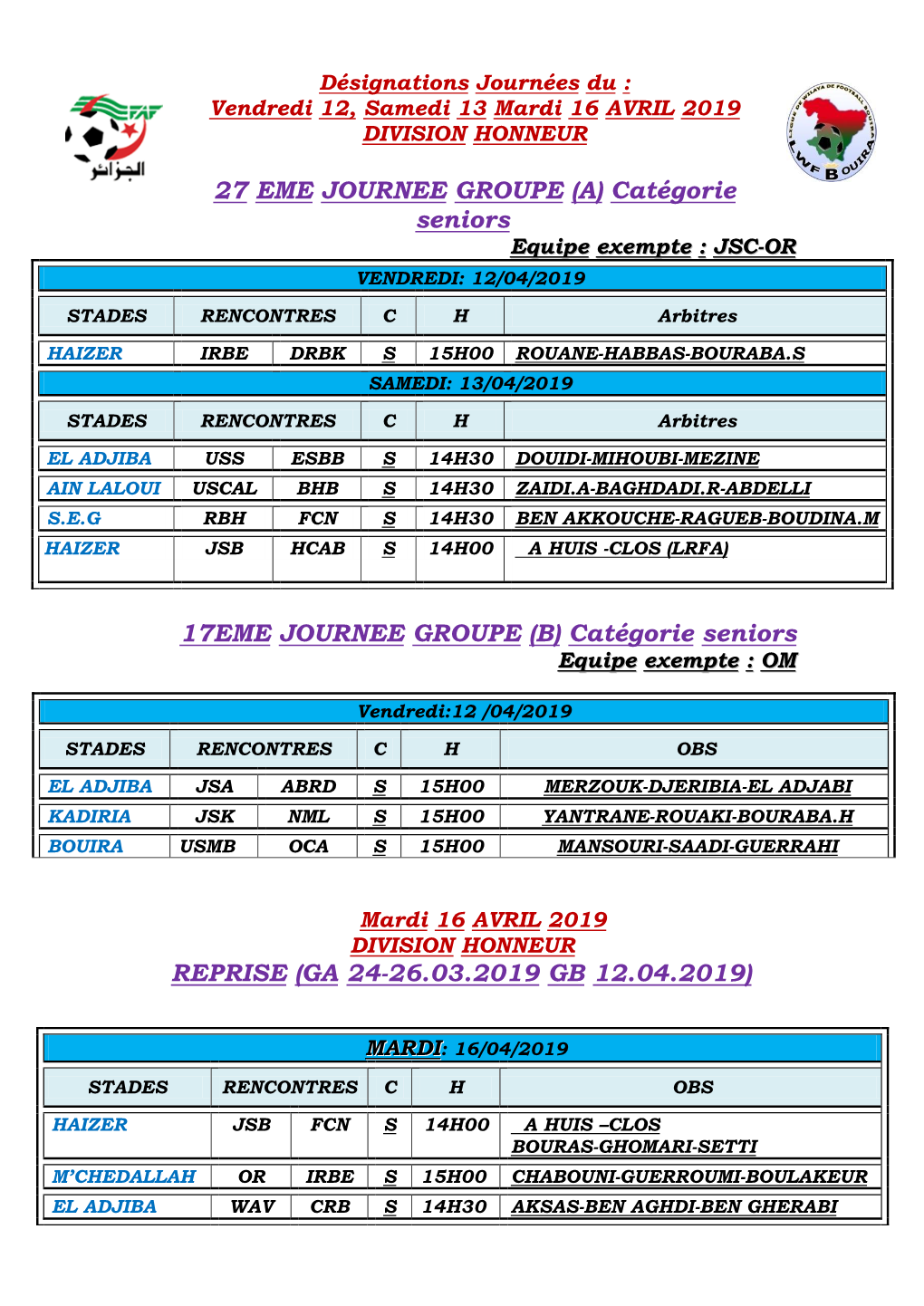 Catégorie Seniors REPRISE (GA 24-26.03.2019 GB 12.04.2019