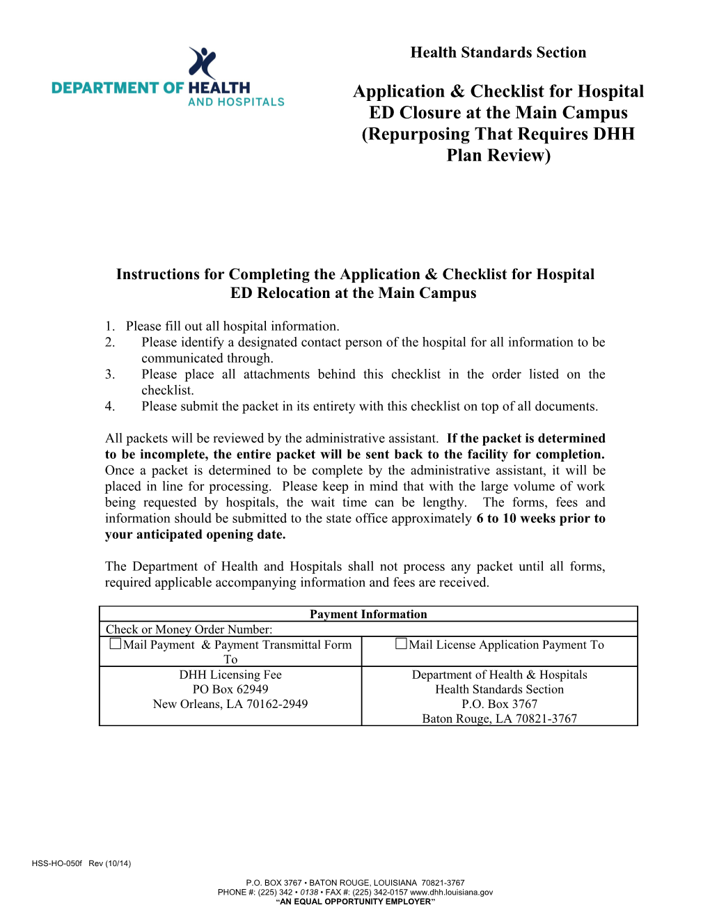 Instructions for Completing the Application & Checklist for Hospital ED Relocation At