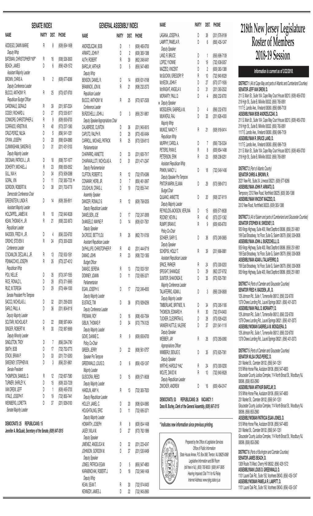 218Th New Jersey Legislature Roster of Members 2018-19 Session