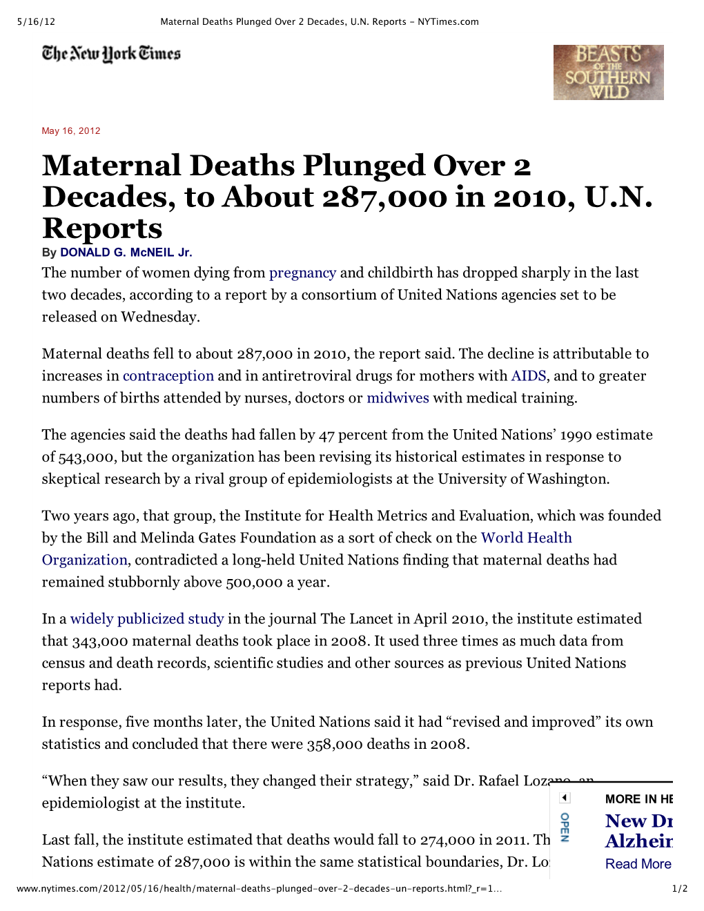 Maternal Deaths Plunged Over 2 Decades, to About 287,000 in 2010, U.N