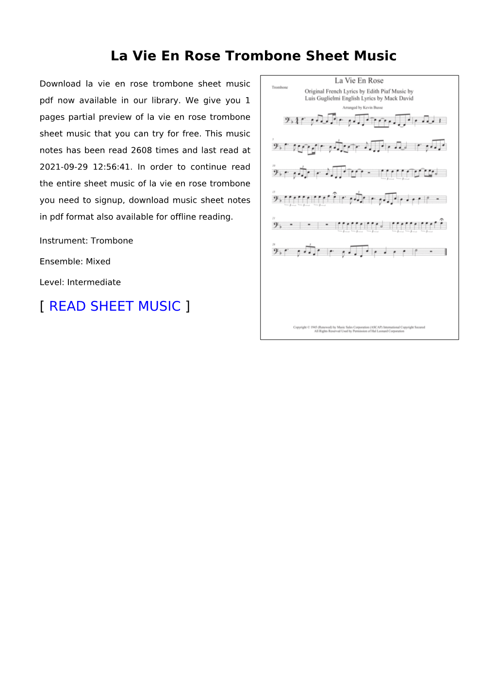 La Vie En Rose Trombone Sheet Music