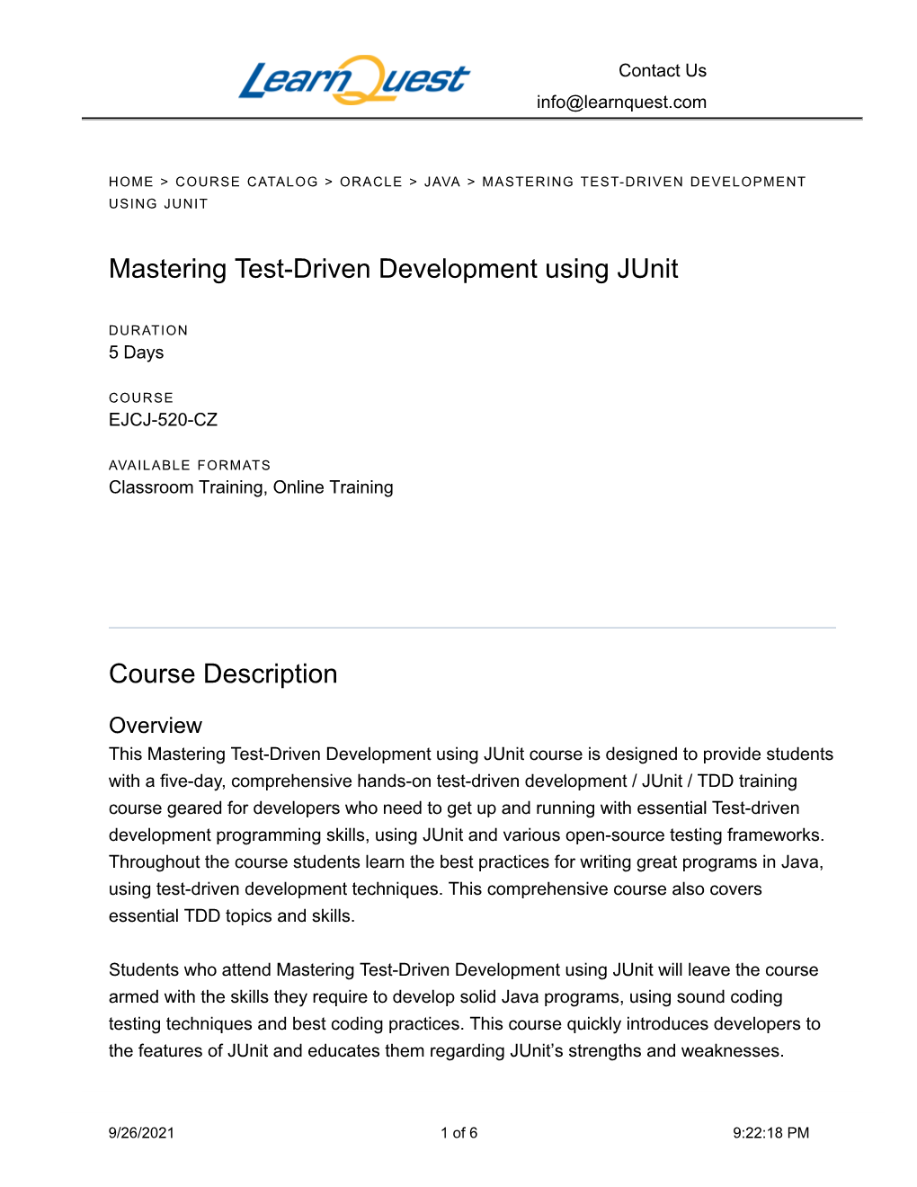 Mastering Test-Driven Development Using Junit Course Description