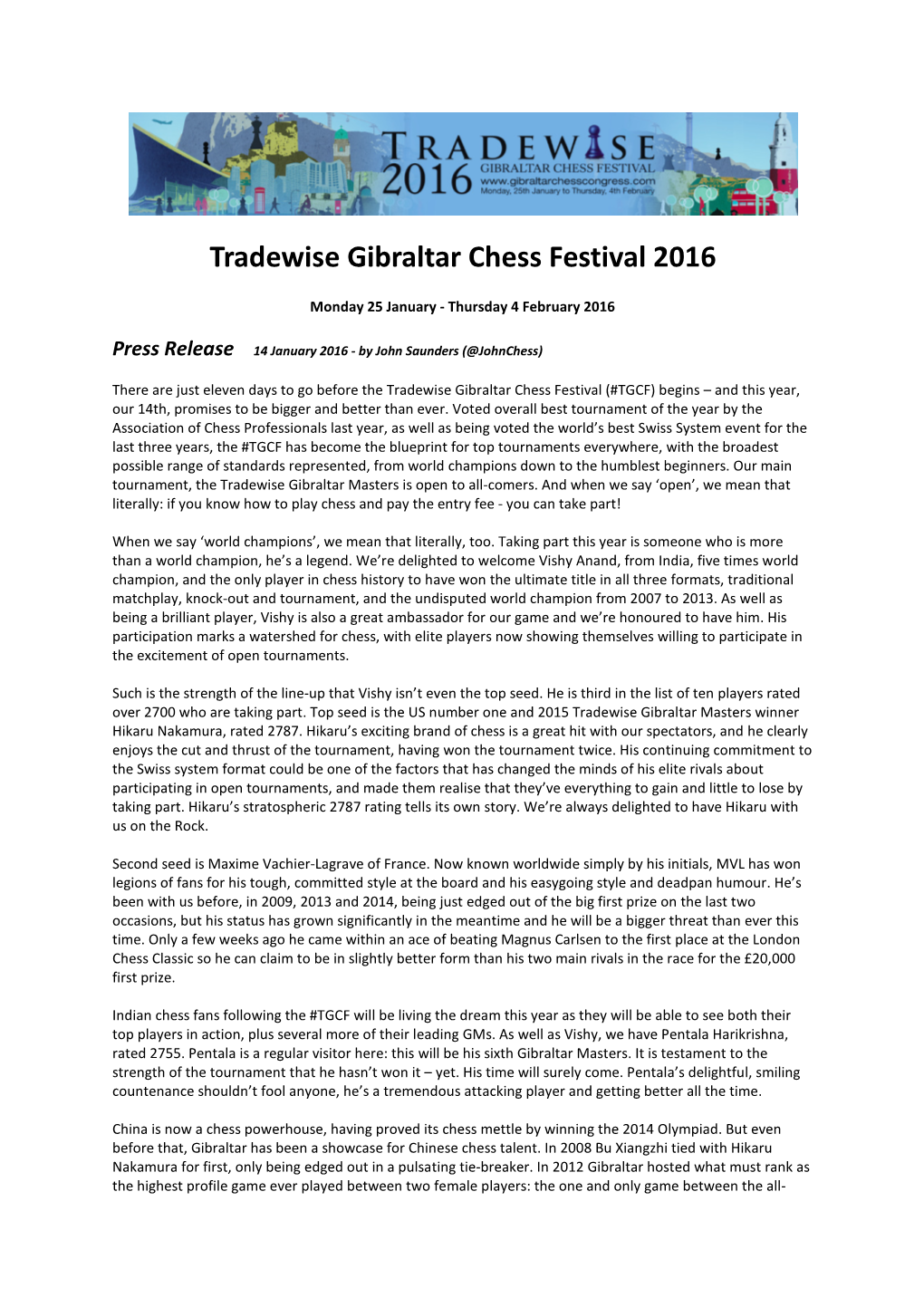 Tradewise Gibraltar Chess Festival 2016