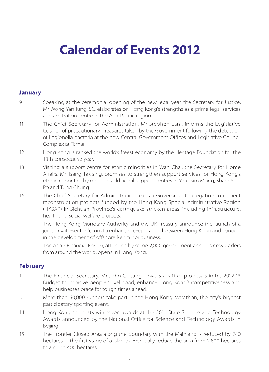 Calendar of Events 2012