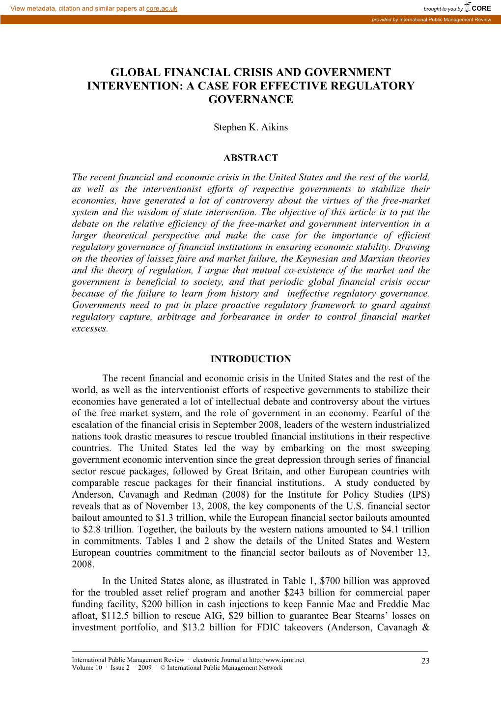 Global Financial Crisis and Government Intervention: a Case for Effective Regulatory Governance