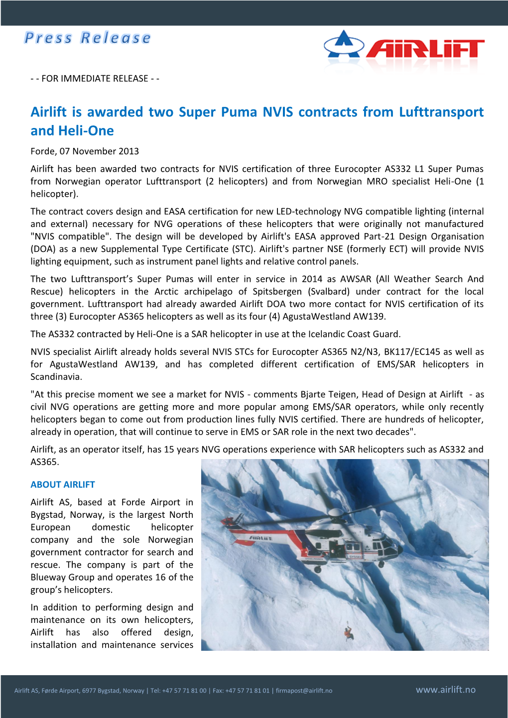 Airlift Is Awarded Two Super Puma NVIS Contracts from Lufttransport