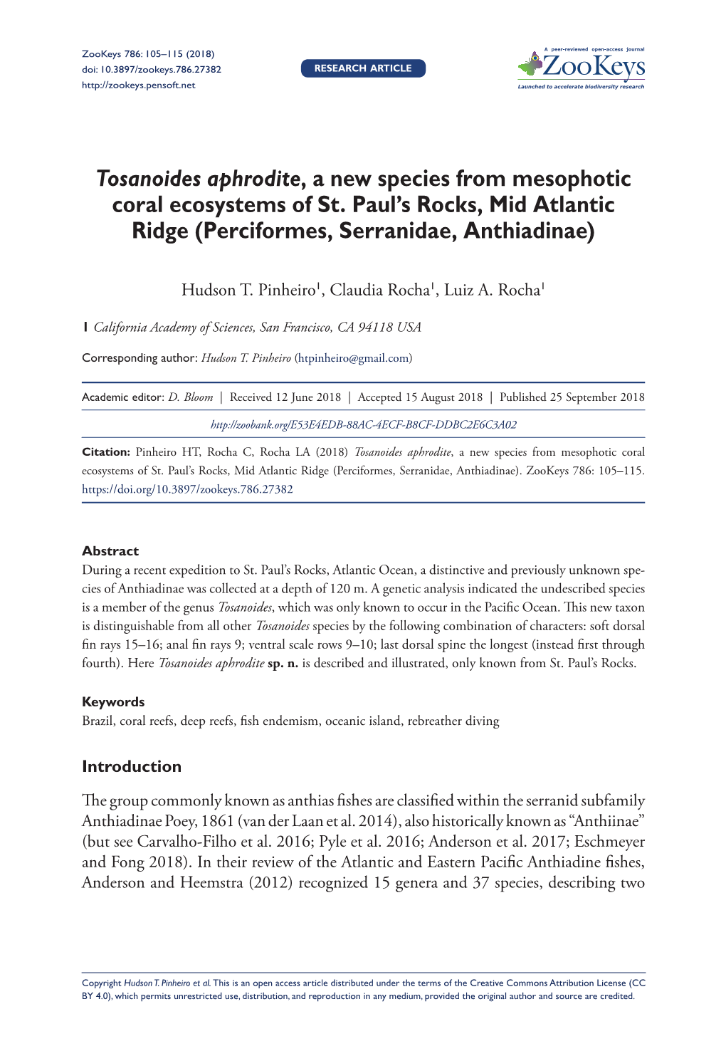 Tosanoides Aphrodite, a New Species from Mesophotic Coral Ecosystems of St