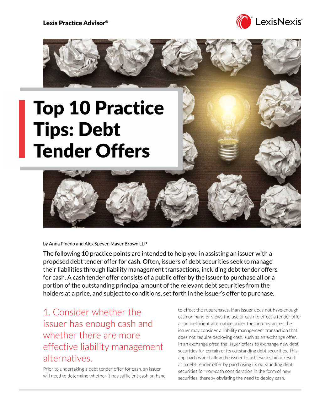 Top 10 Practice Tips: Debt Tender Offers