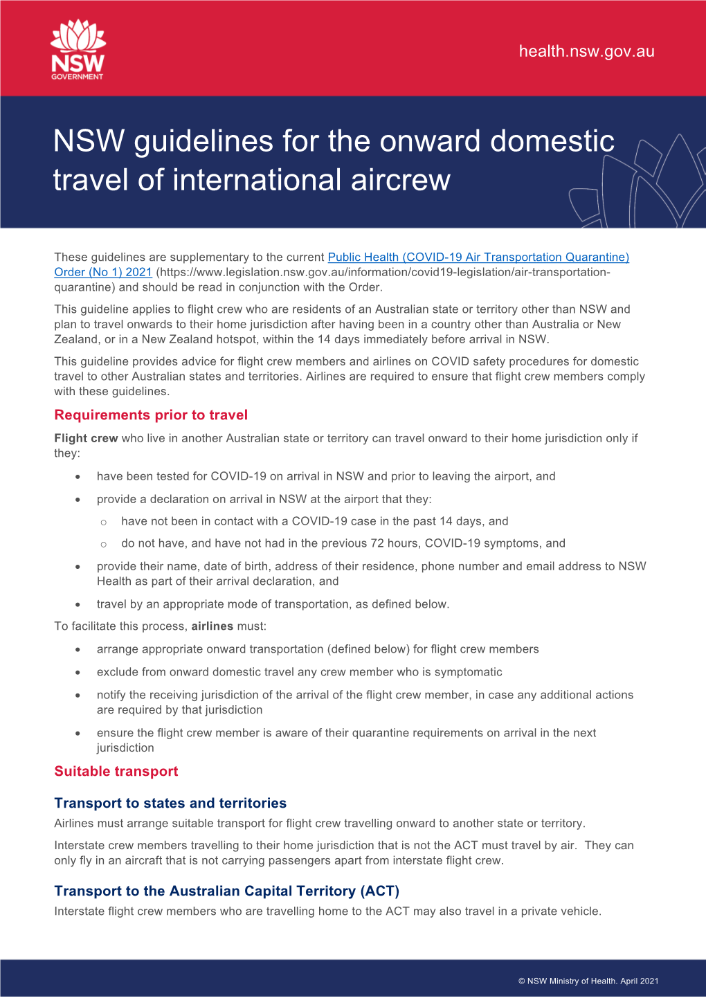 NSW Guidelines for the Onward Domestic Travel of International Aircrew