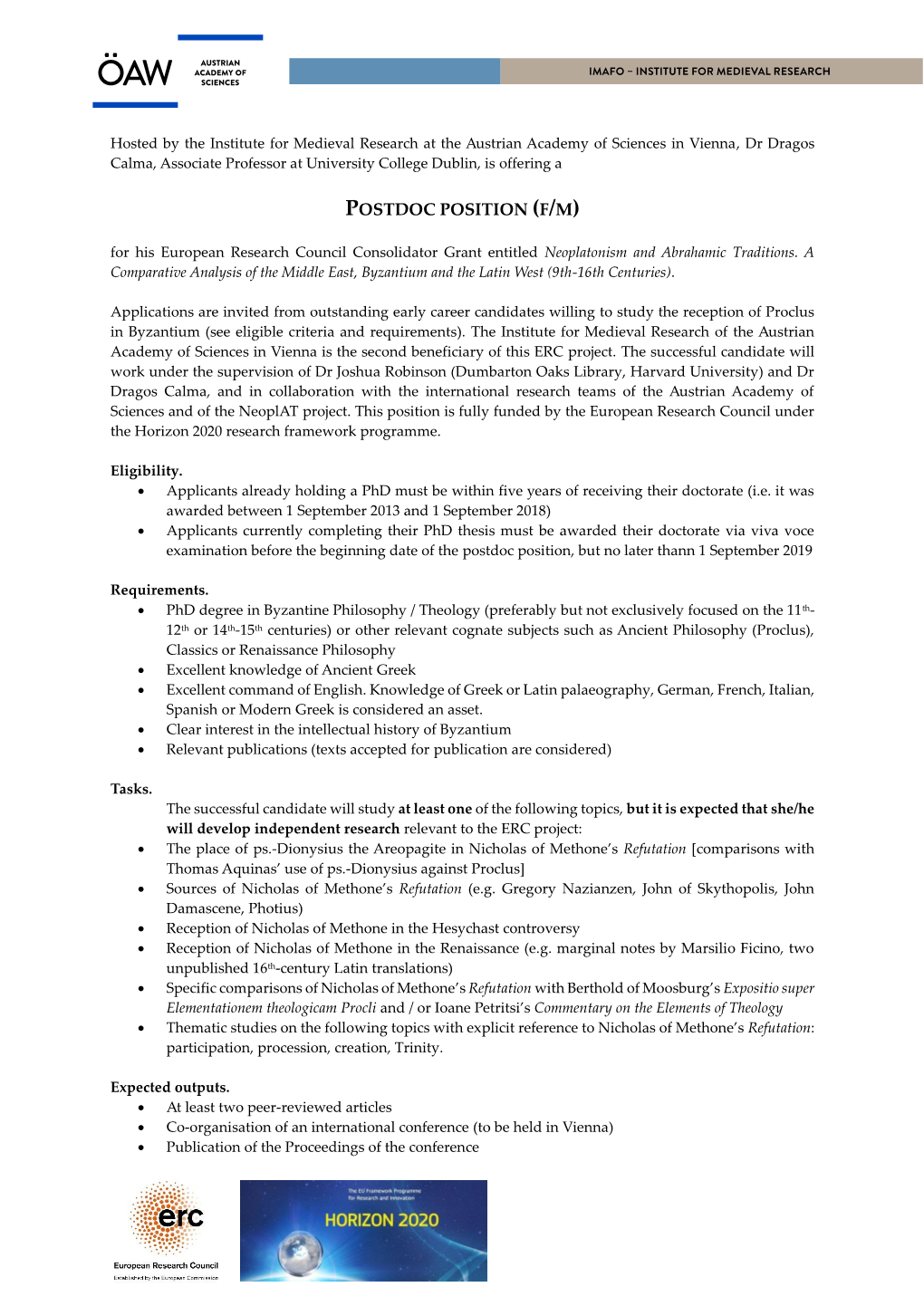 POSTDOC POSITION (F/M) for His European Research Council Consolidator Grant Entitled Neoplatonism and Abrahamic Traditions