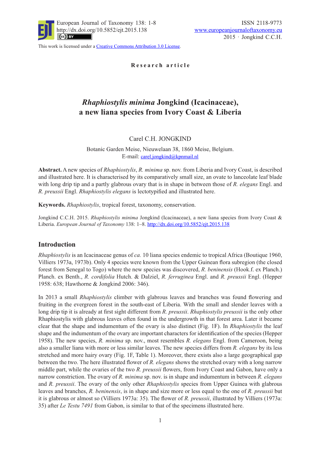 Rhaphiostylis Minima Jongkind (Icacinaceae), a New Liana Species from Ivory Coast & Liberia