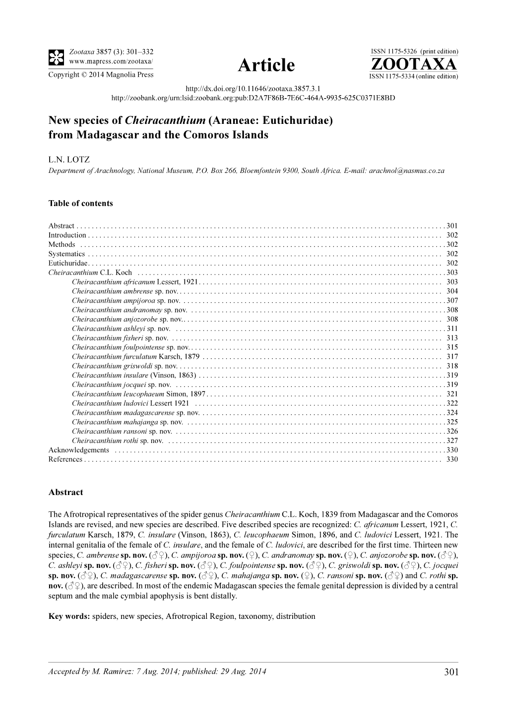 New Species of Cheiracanthium (Araneae: Eutichuridae) from Madagascar and the Comoros Islands