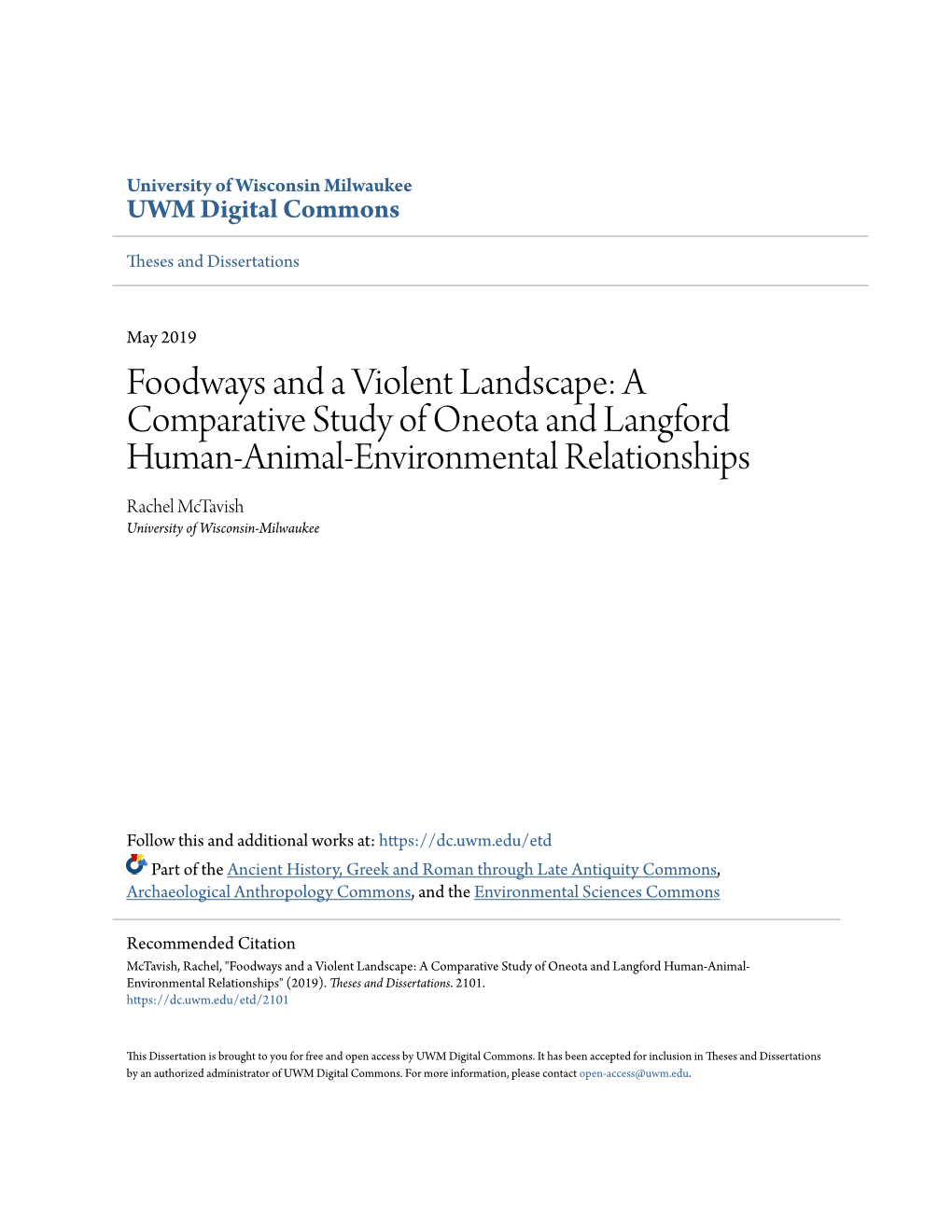 A Comparative Study of Oneota and Langford Human-Animal-Environmental Relationships Rachel Mctavish University of Wisconsin-Milwaukee