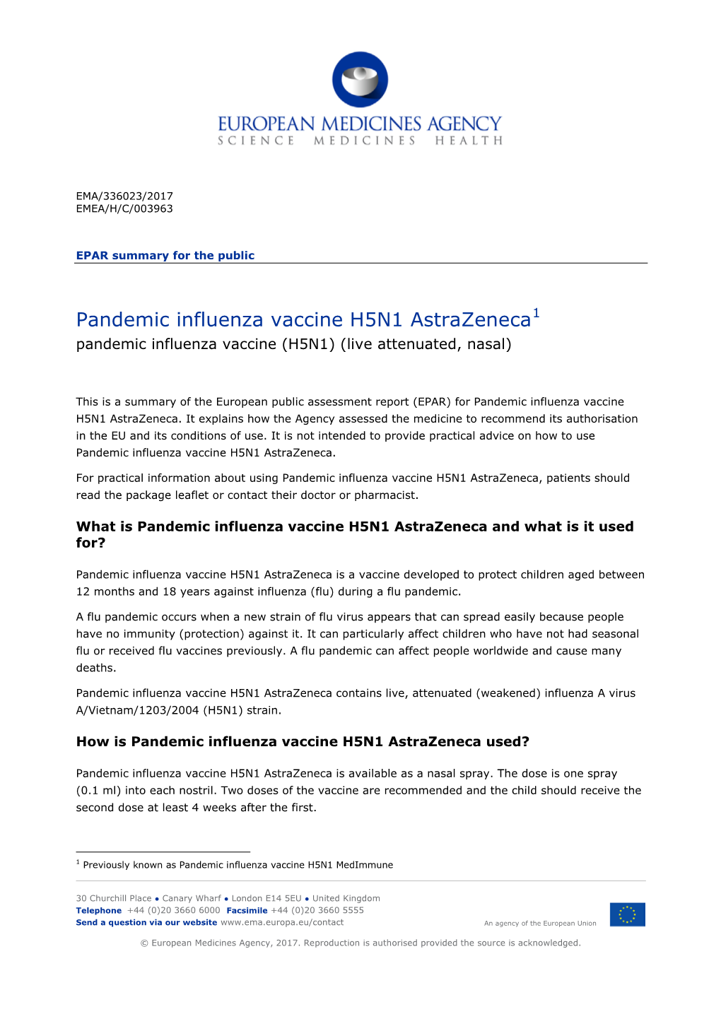 Pandemic Influenza Vaccine H5N1 Astrazeneca, INN-Pandemic