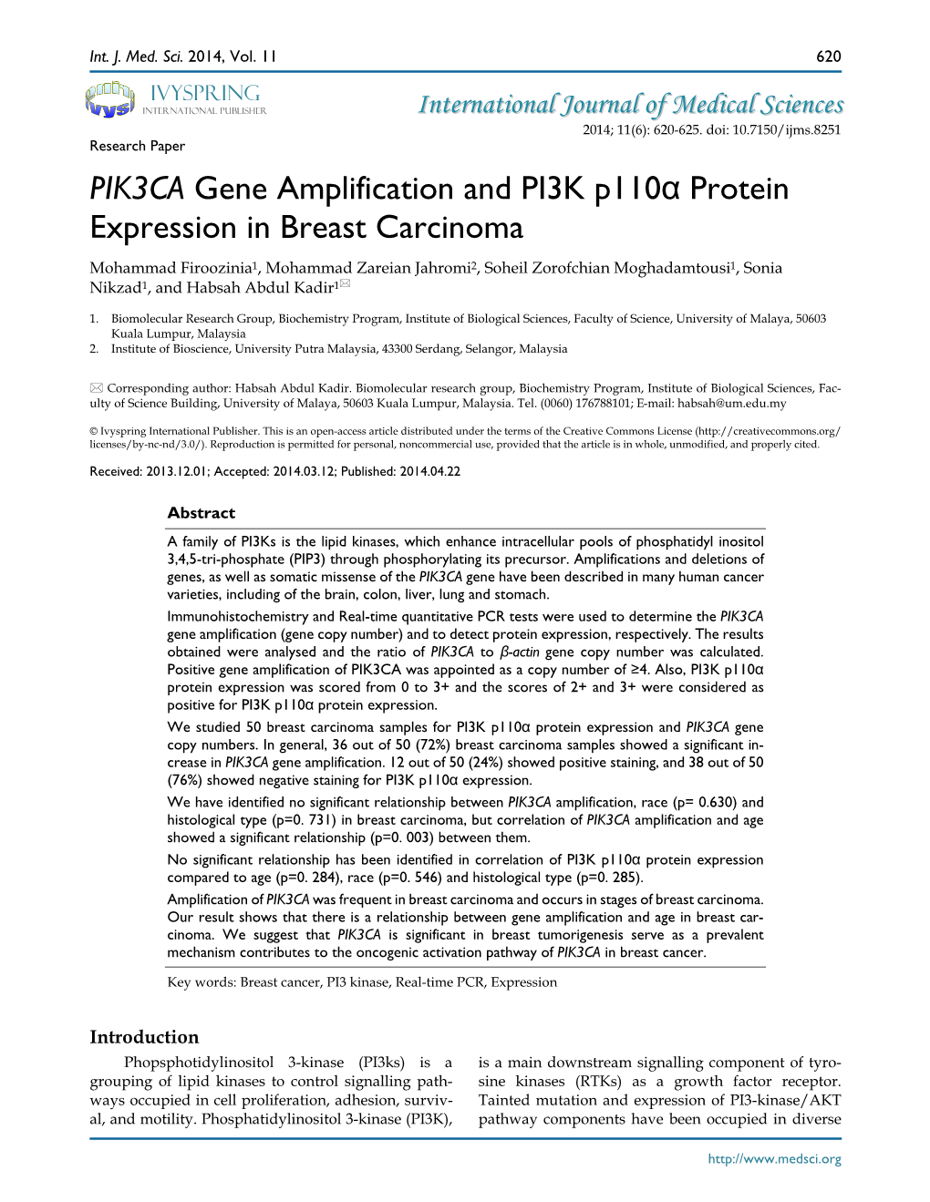 PIK3CA Gene Amplification and PI3K P110α Protein Expression in Breast