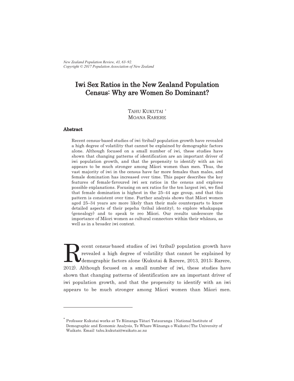 Iwi Sex Ratios in the New Zealand Population Census: Why Are Women So Dominant?