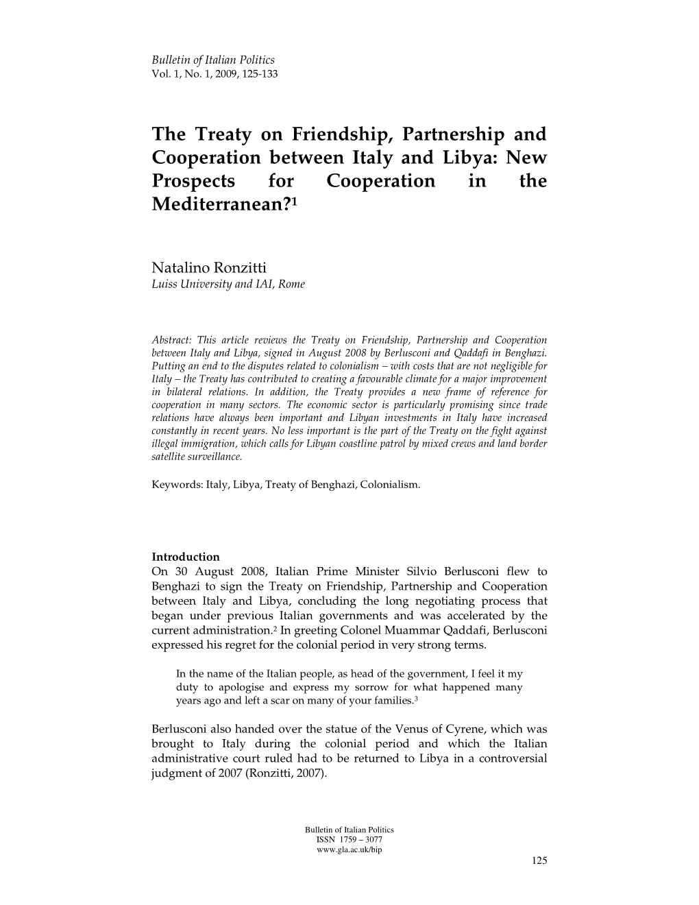 The Treaty on Friendship, Partnership and Cooperation Between Italy and Libya: New Prospects for Cooperation in the Mediterranean? 1