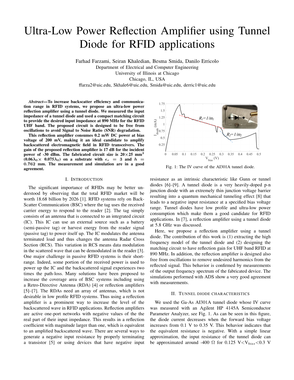 Ultra-Low Power Reflection Amplifier Using Tunnel Diode for RFID