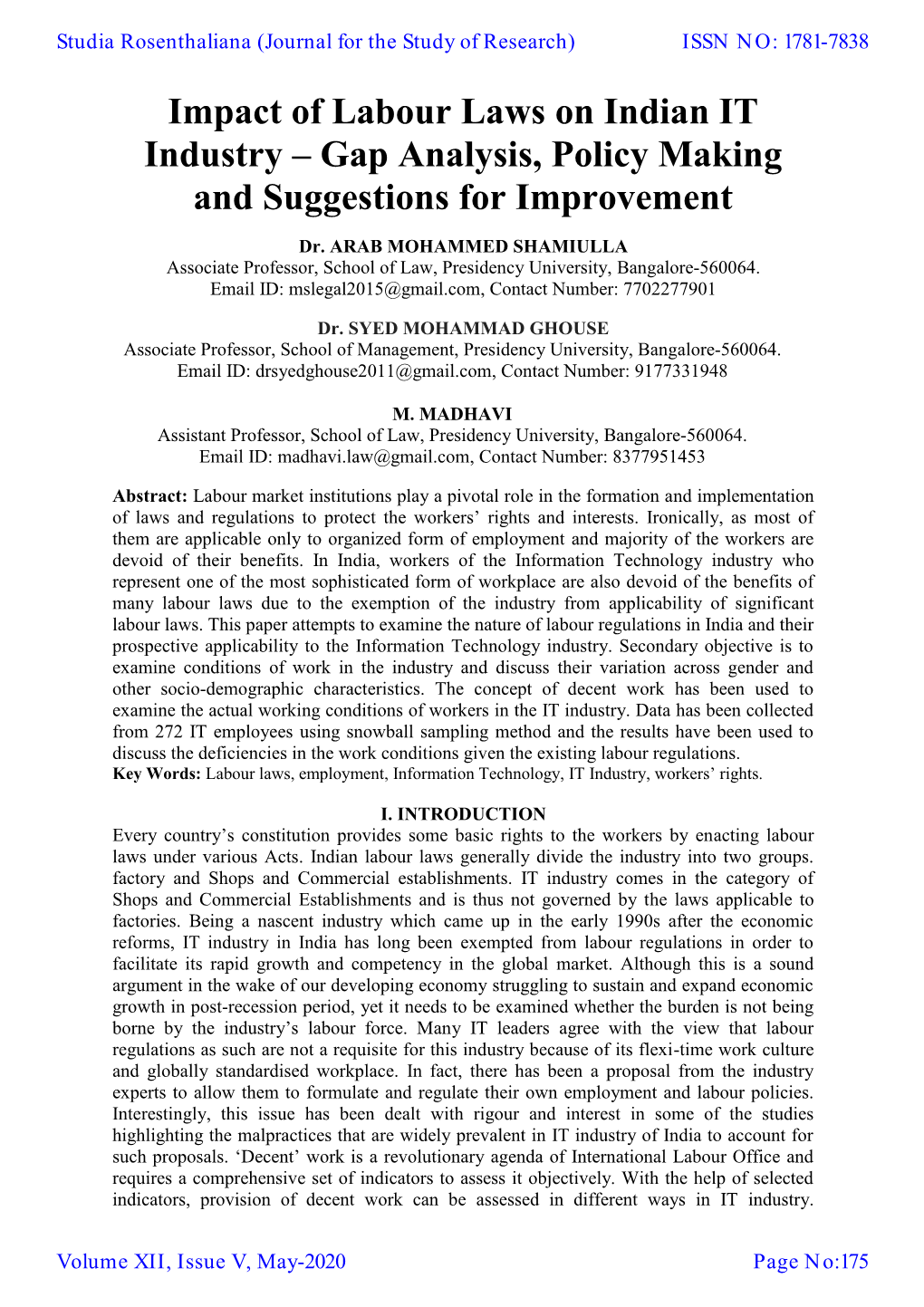 Impact of Labour Laws on Indian IT Industry – Gap Analysis, Policy Making and Suggestions for Improvement