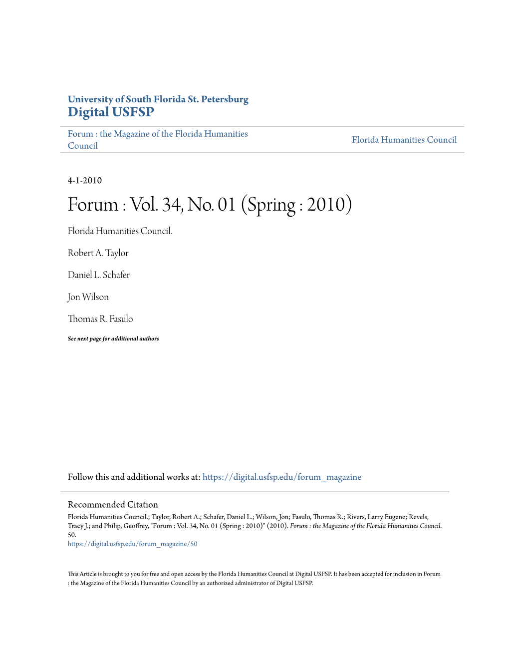 Forum : Vol. 34, No. 01 (Spring : 2010) Florida Humanities Council
