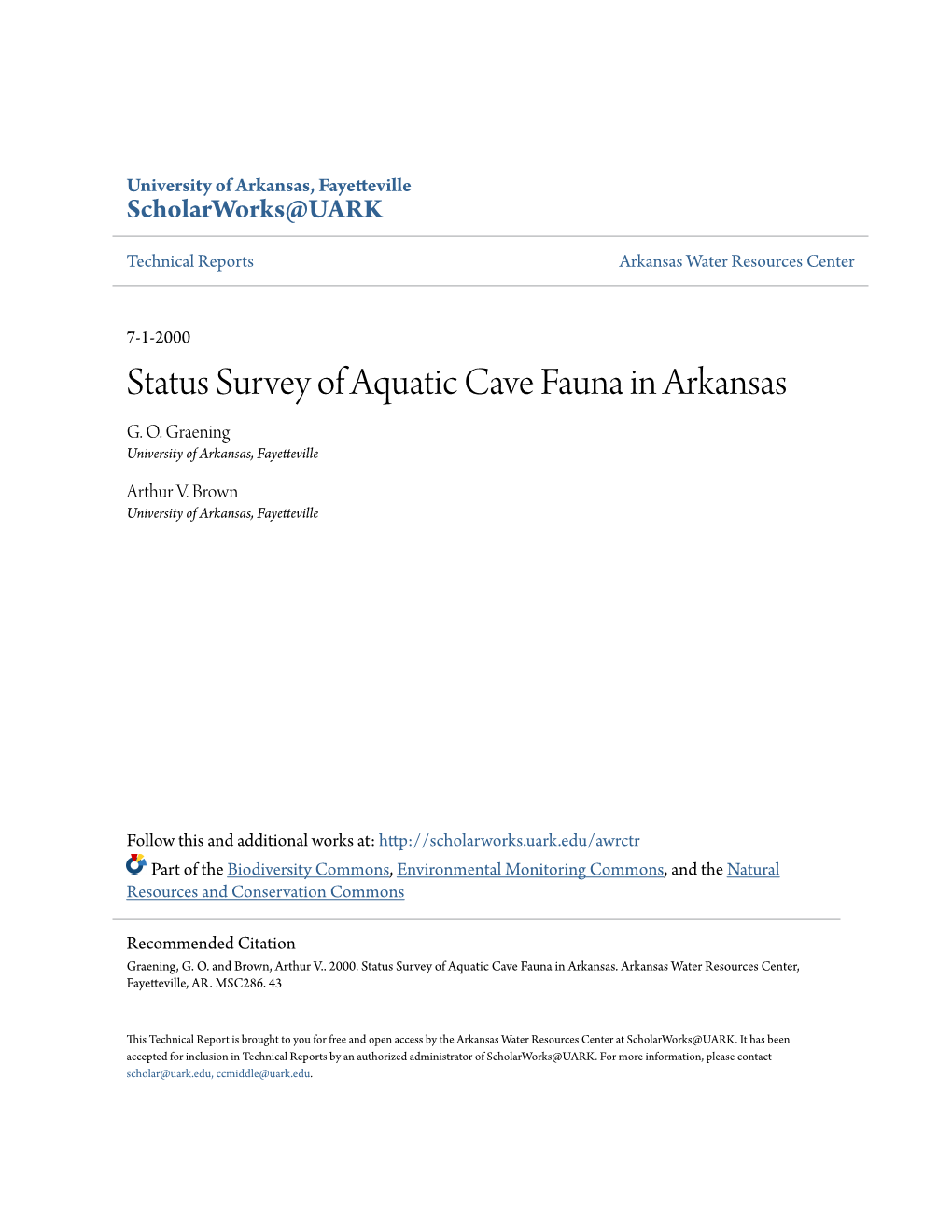 Status Survey of Aquatic Cave Fauna in Arkansas G