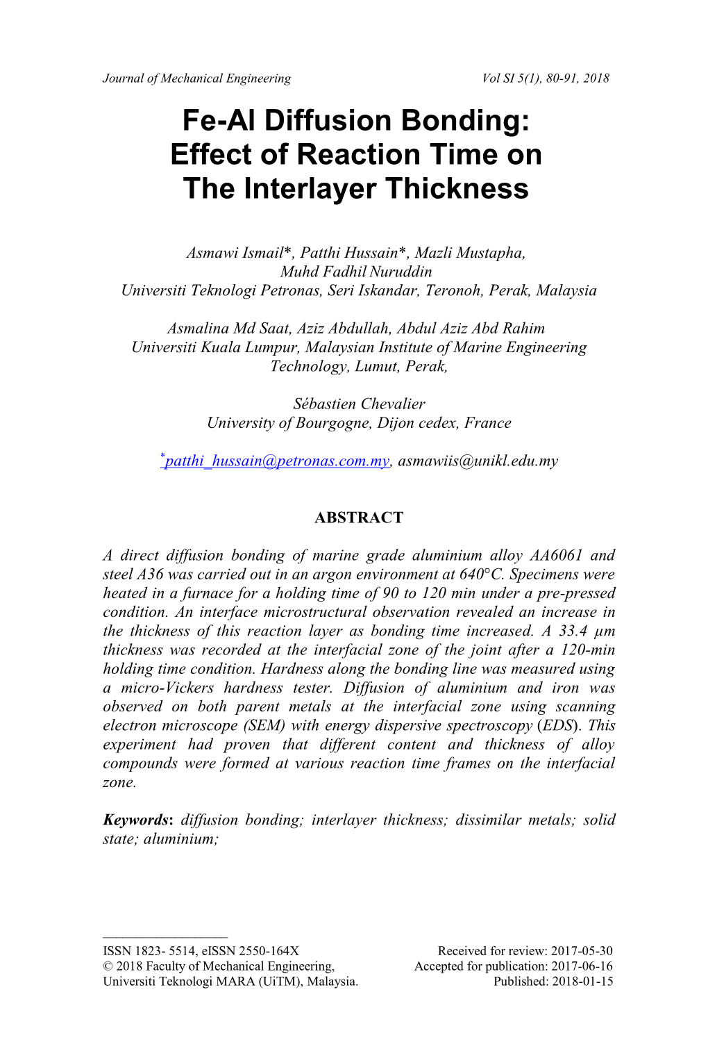 Fe-Al Diffusion Bonding: Effect of Reaction Time on the Interlayer Thickness