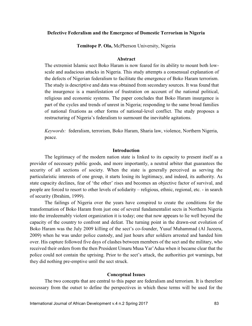 Defective Federalism and the Emergence of Domestic Terrorism in Nigeria