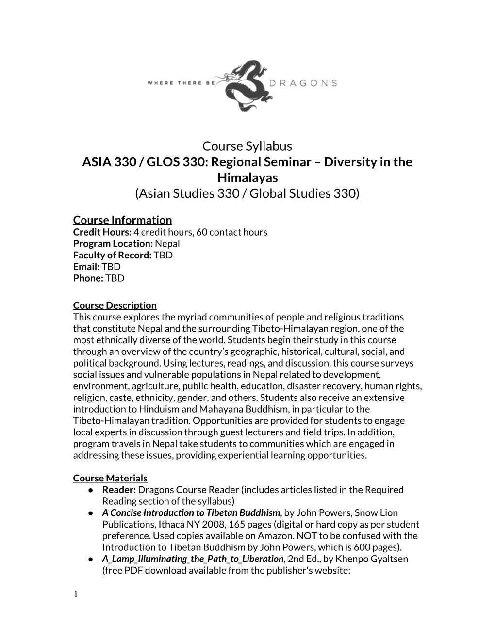Regional Seminar – Diversity in the Himalayas (Asian Studies 330 / Global Studies 330)