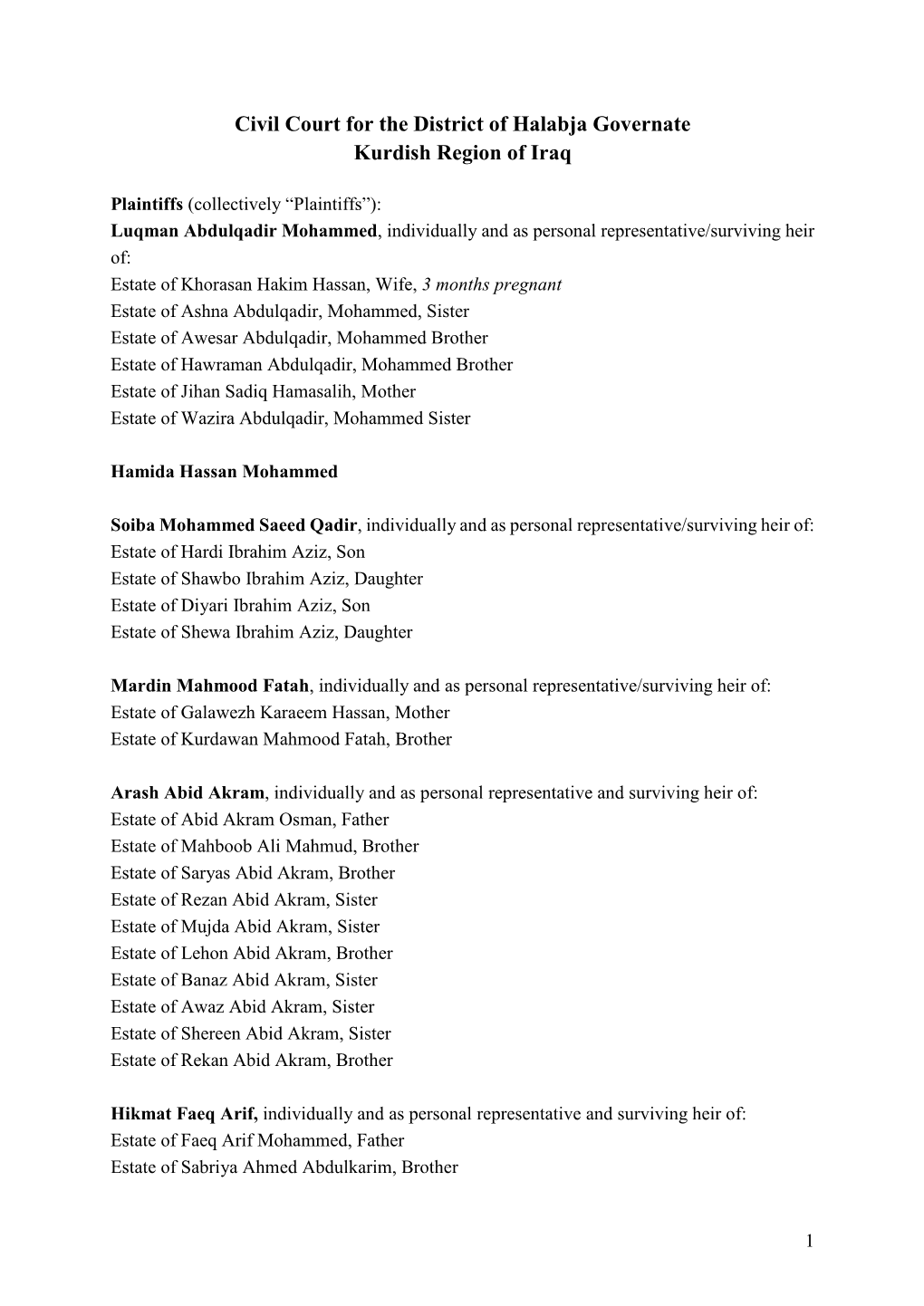 Civil Court for the District of Halabja Governate Kurdish Region of Iraq