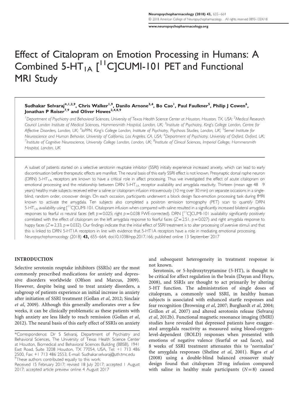 Effect of Citalopram on Emotion Processing in Humans: a 11 Combined 5-HT1A [ C]CUMI-101 PET and Functional MRI Study