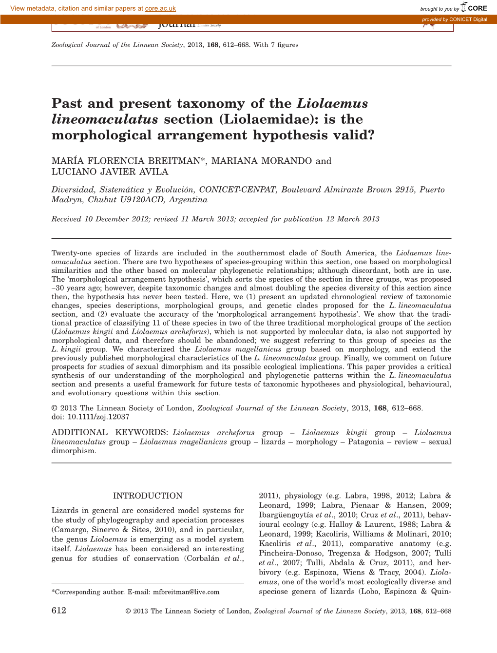 Past and Present Taxonomy of the Liolaemus Lineomaculatus Section (Liolaemidae): Is the Morphological Arrangement Hypothesis Valid?