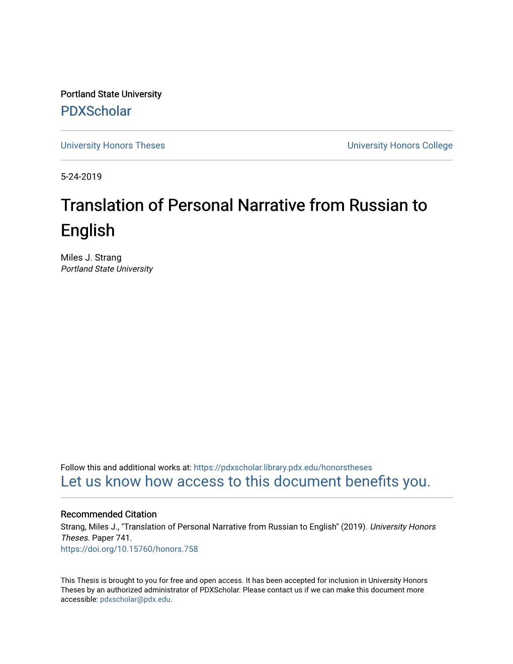 Translation of Personal Narrative from Russian to English