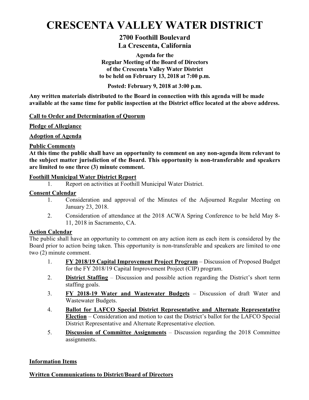 CRESCENTA VALLEY WATER DISTRICT BOARD of DIRECTORS - STAFF REPORT Action Item No