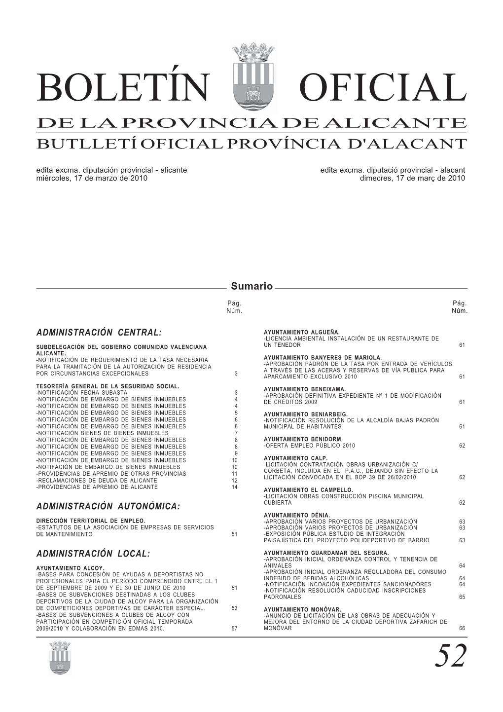 BOLETÍN OFICIAL DE LA PROVINCIA DE ALICANTE BUTLLETÍ OFICIAL PROVÍNCIA D'alacant Edita Excma