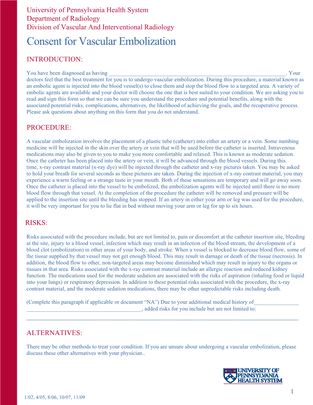 Consent for Vascular Embolization