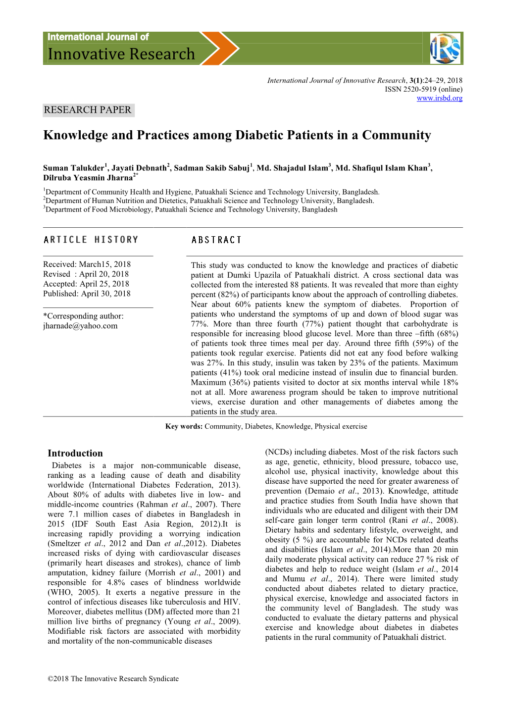 Knowledge and Practices Among Diabetic Patients in a Community
