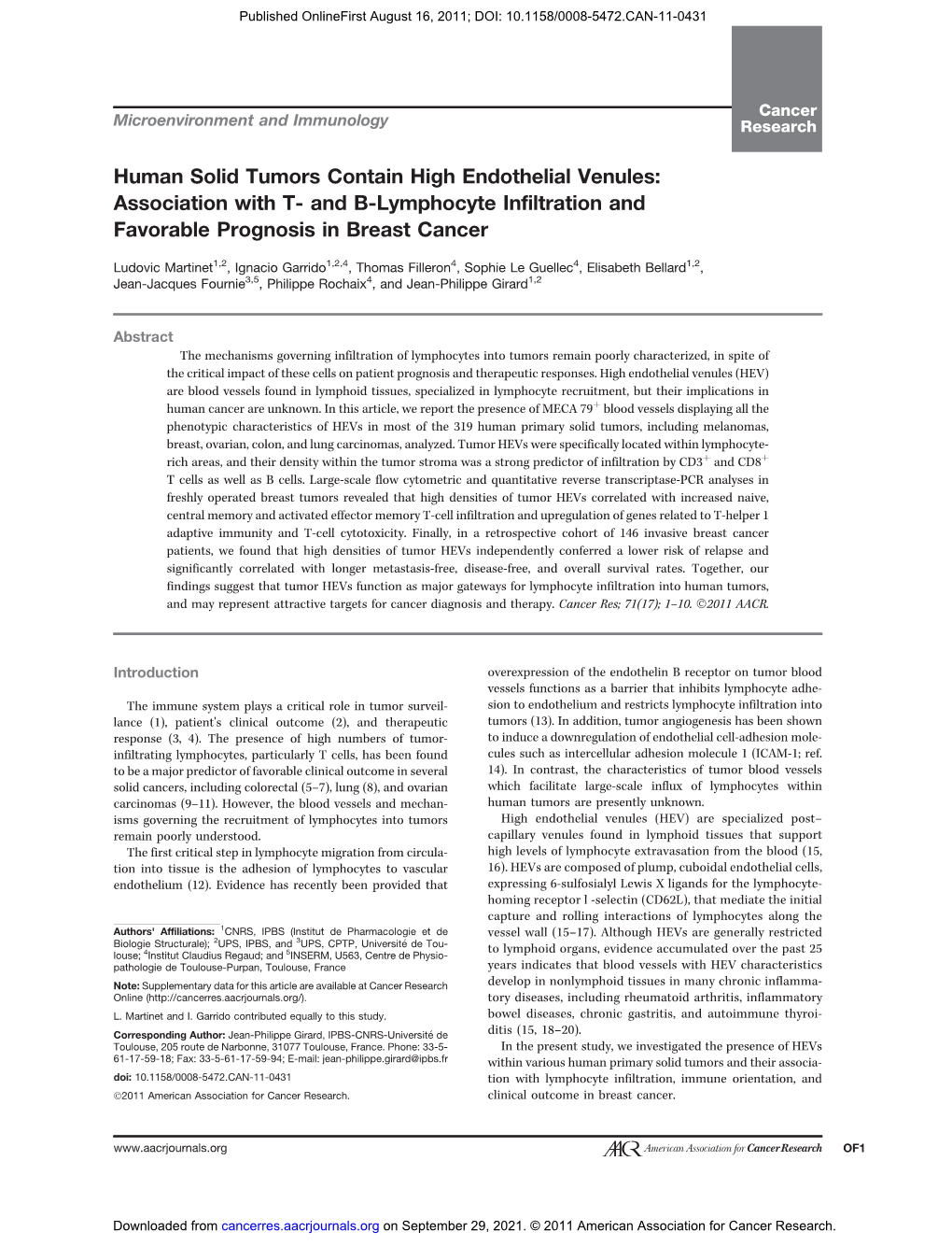 Human Solid Tumors Contain High Endothelial Venules: Association with T- and B-Lymphocyte Infiltration and Favorable Prognosis in Breast Cancer