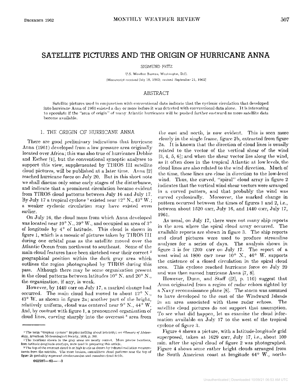 Satellite Pictures and the Origin of Hurricane Anna Sigmund Fritz Us