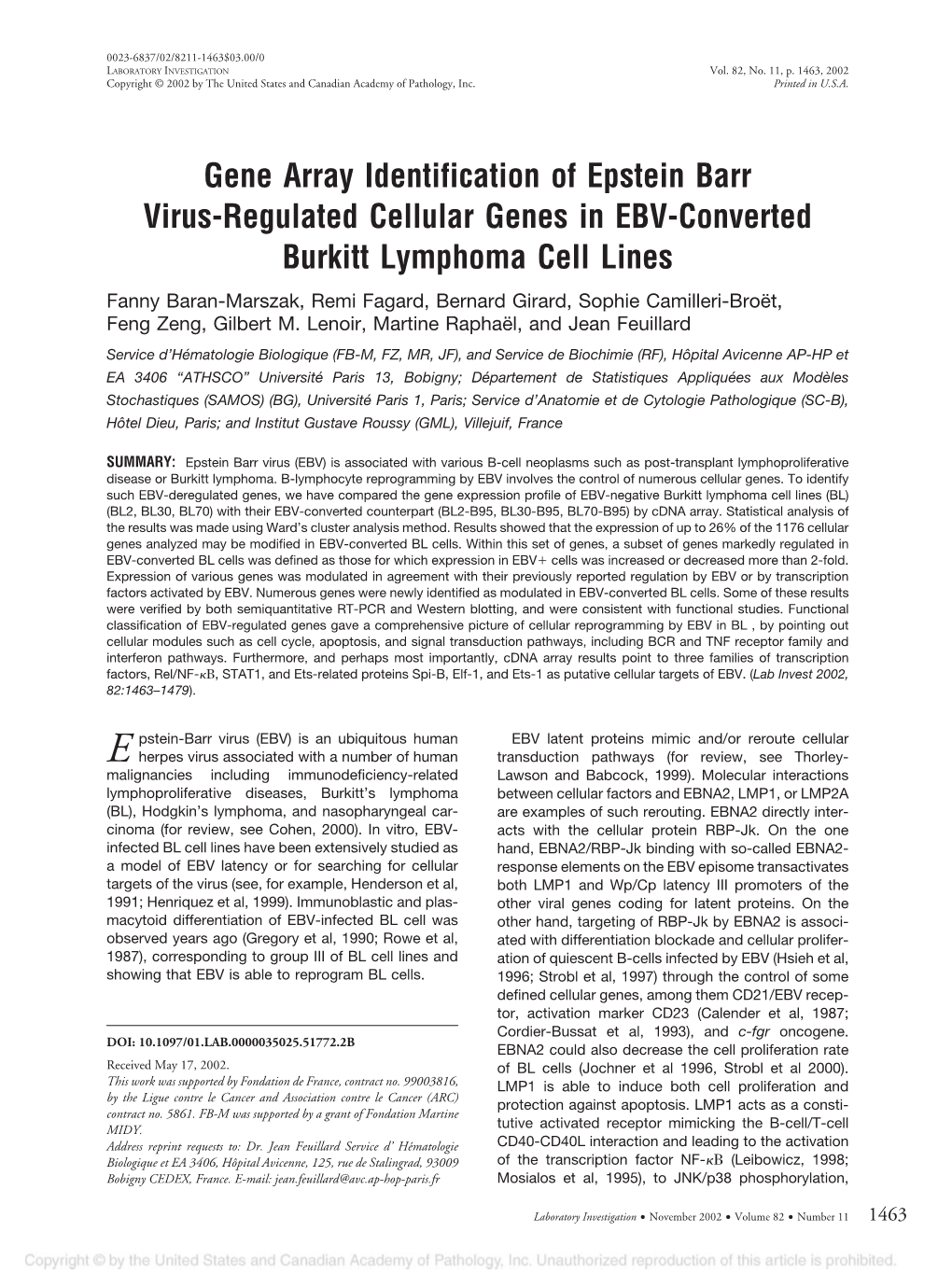 Gene Array Identification of Epstein Barr Virus-Regulated Cellular Genes in EBV-Converted Burkitt Lymphoma Cell Lines