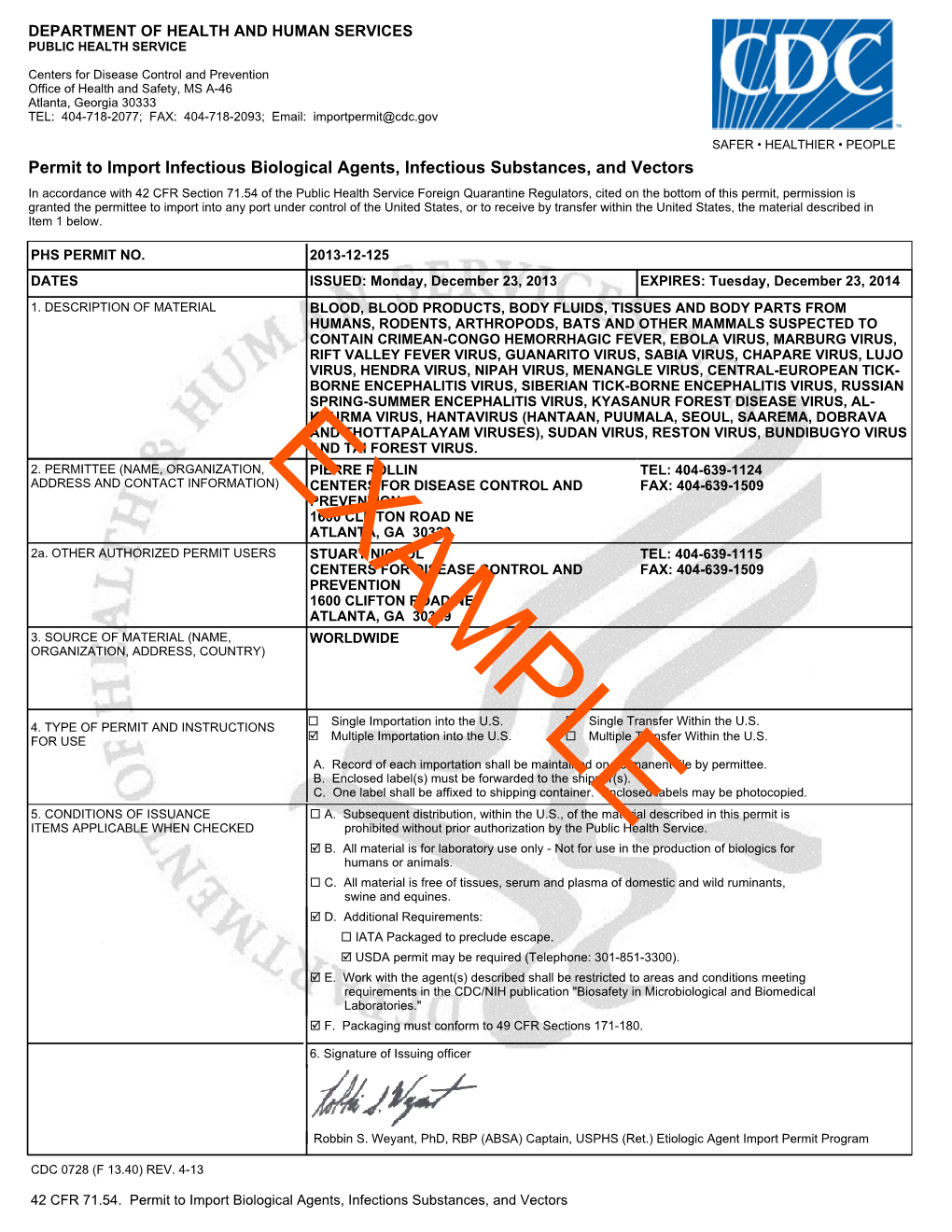 Permit to Import Or Transfer Etiological Agents