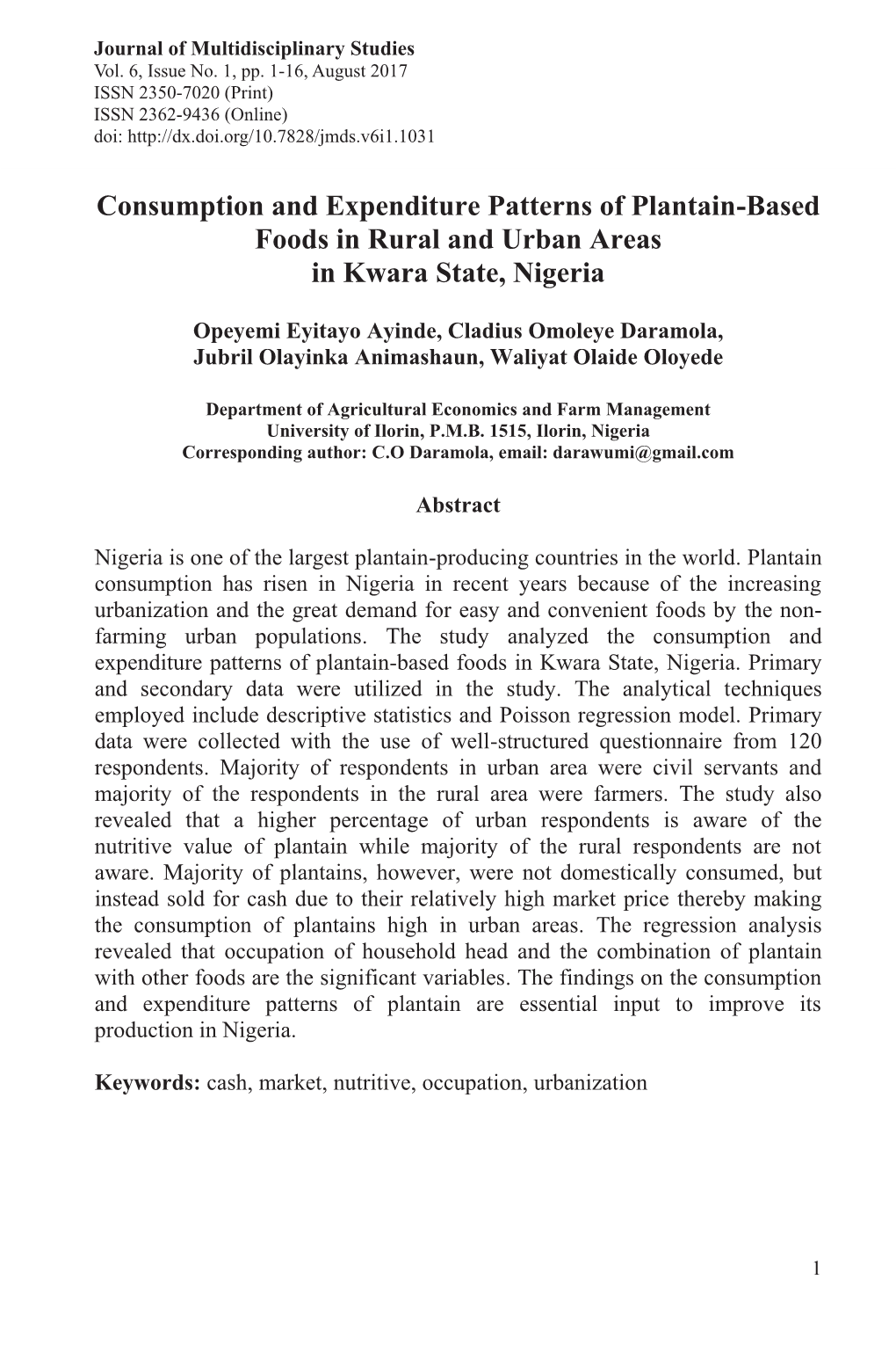 Consumption and Expenditure Patterns of Plantain-Based Foods in Rural and Urban Areas in Kwara State, Nigeria