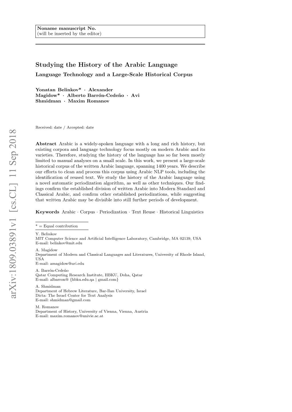 Arxiv:1809.03891V1 [Cs.CL] 11 Sep 2018 E-Mail: Shmidman@Gmail.Com M