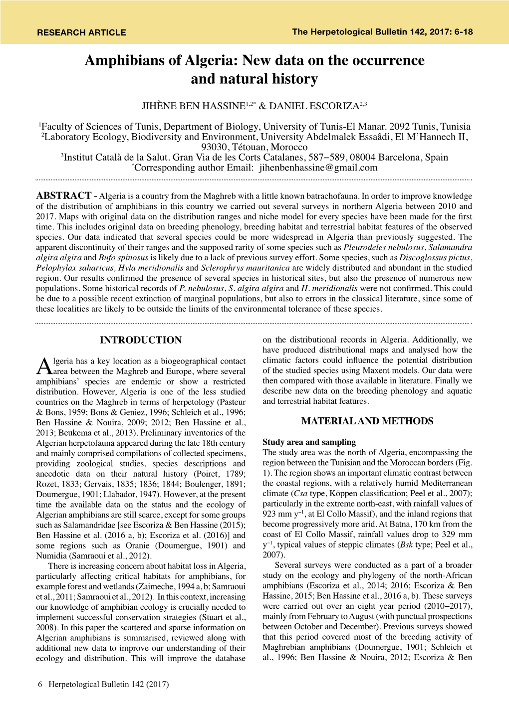 Amphibians of Algeria: New Data on the Occurrence and Natural History