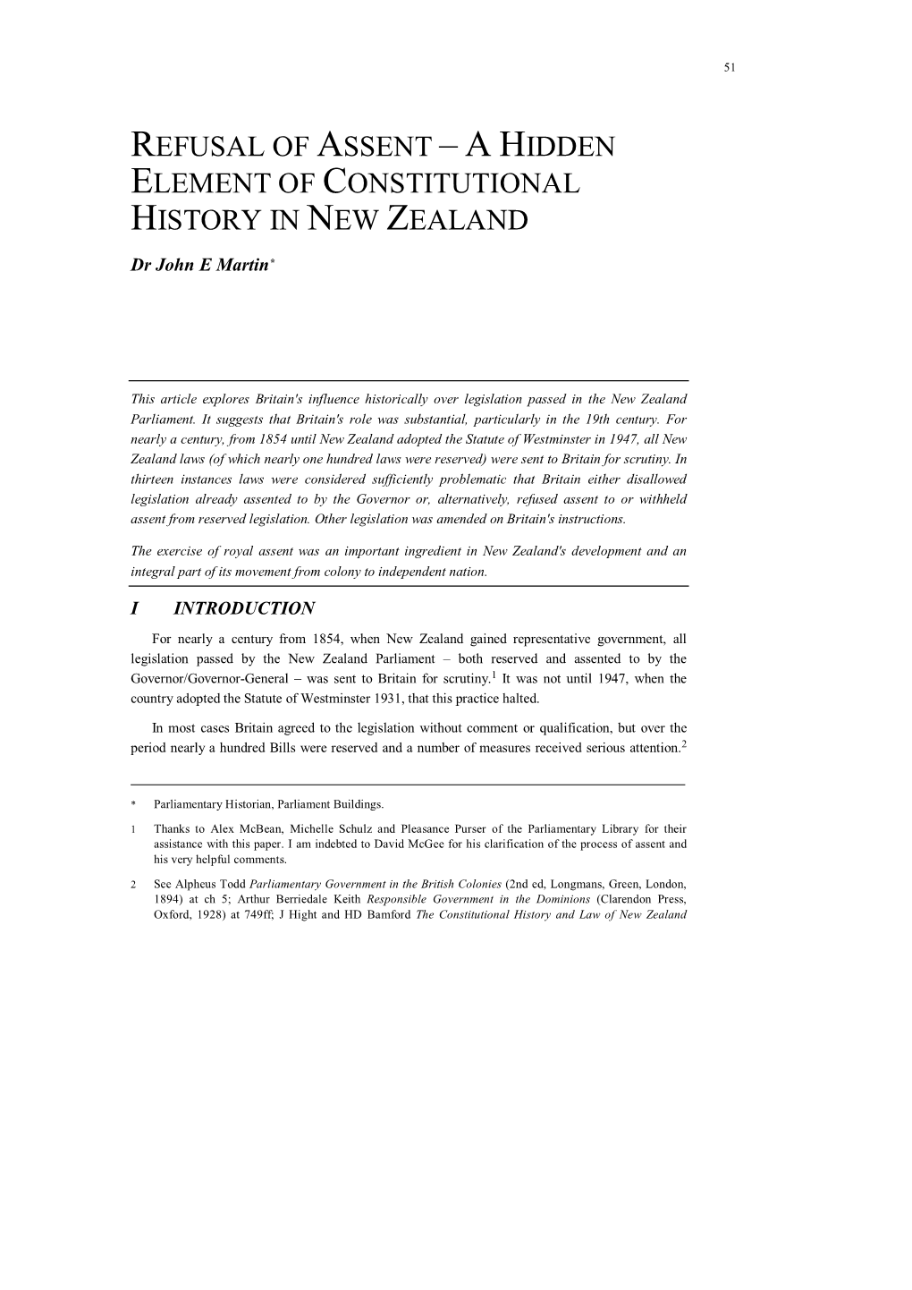 Refusal of Assent – a Hidden Element of Constitutional History in New Zealand