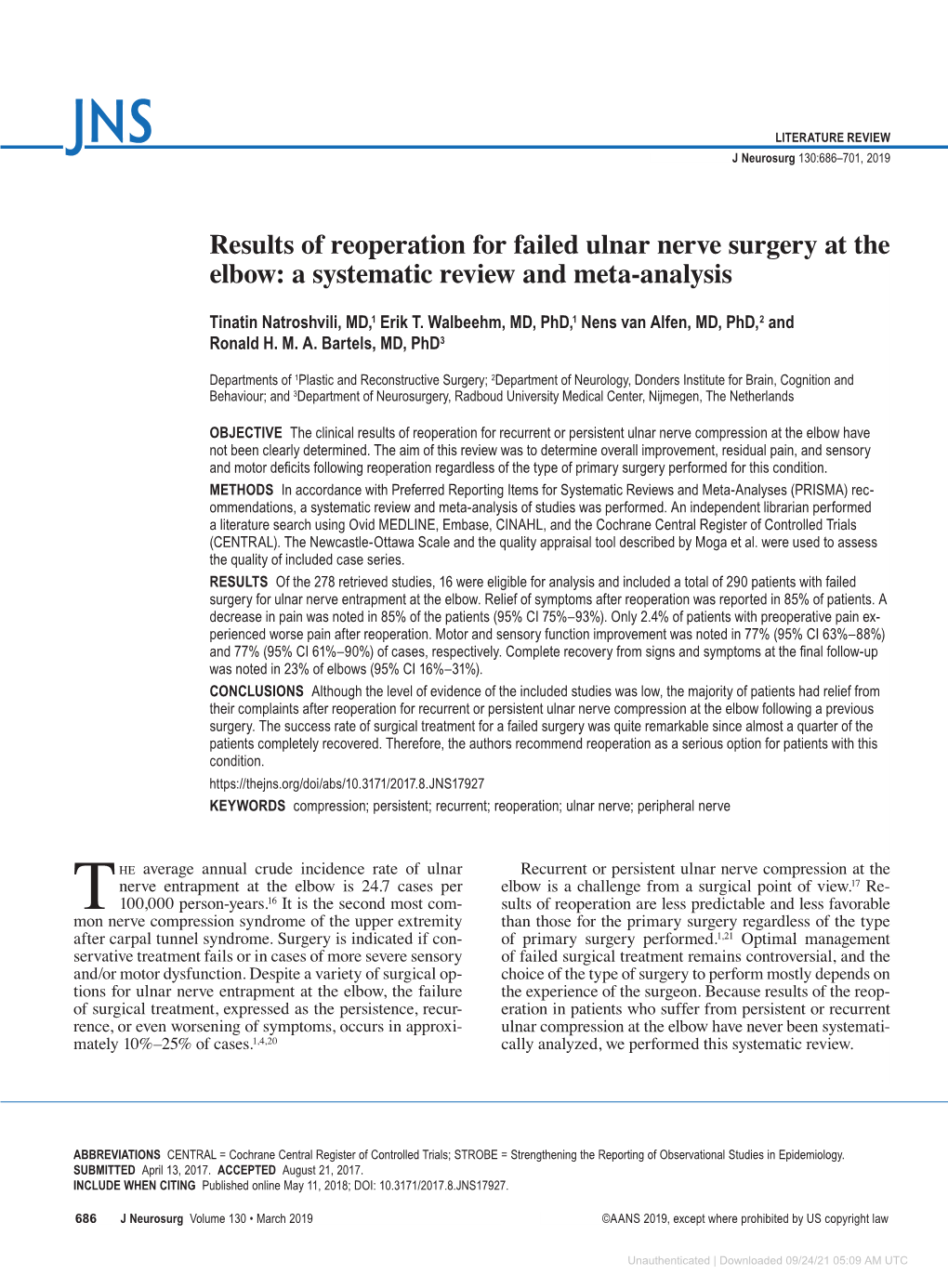 Results of Reoperation for Failed Ulnar Nerve Surgery at the Elbow: a Systematic Review and Meta-Analysis