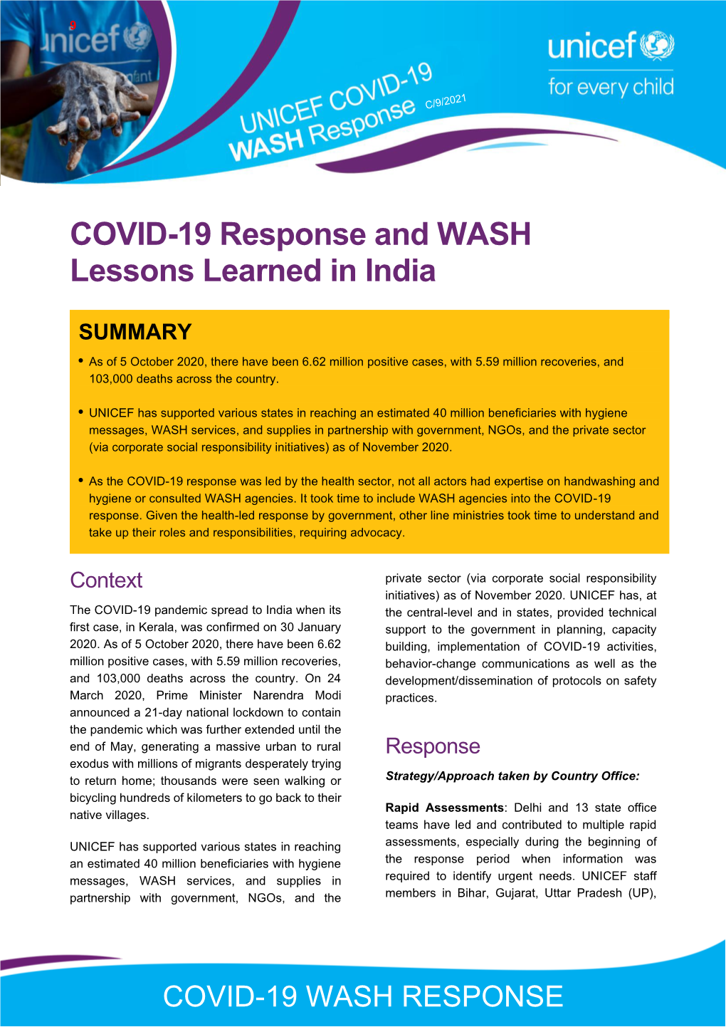 COVID-19 Response and WASH Lessons Learned in India
