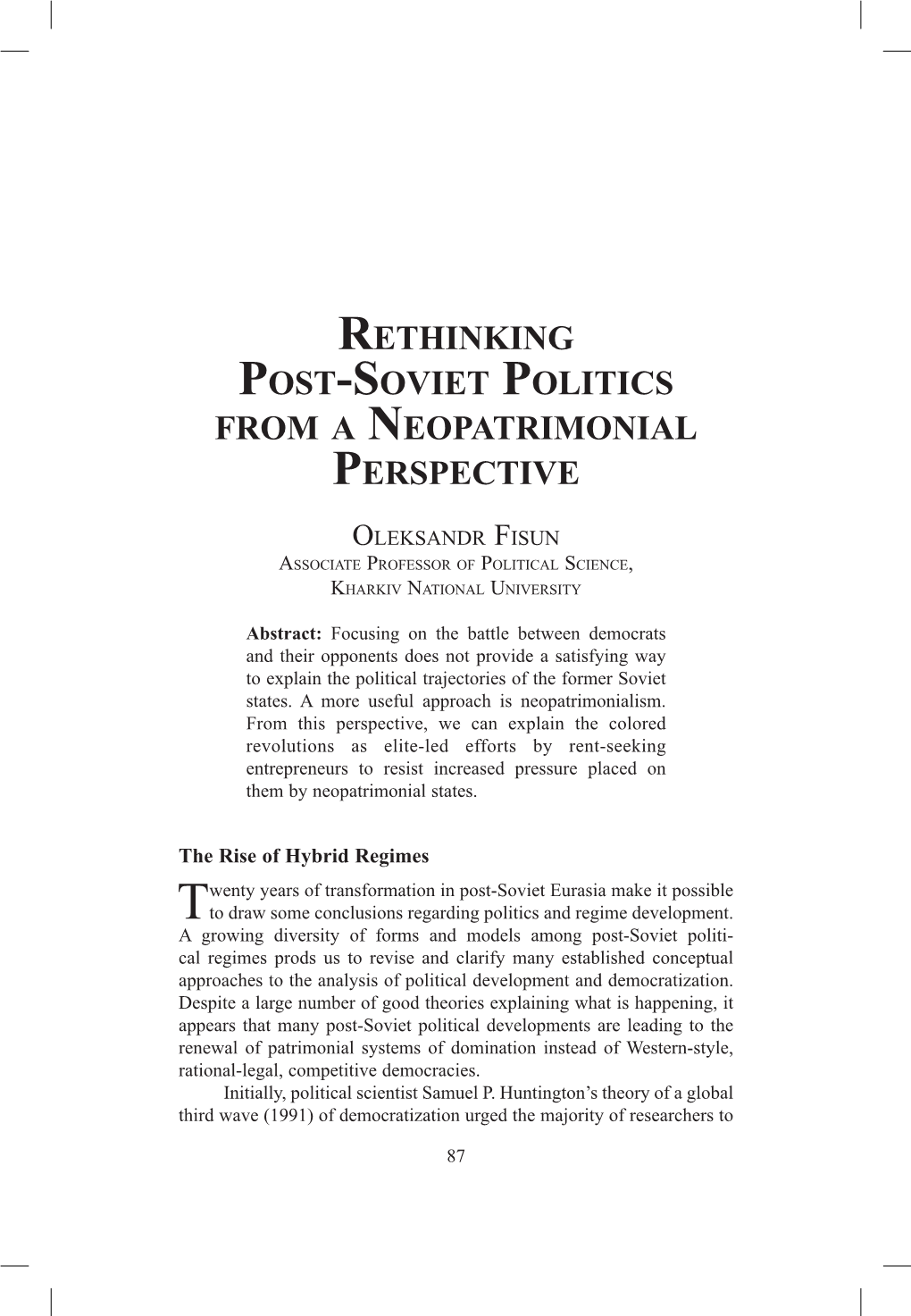Rethinking Post-Soviet Politics from a Neopatrimonial Perspective