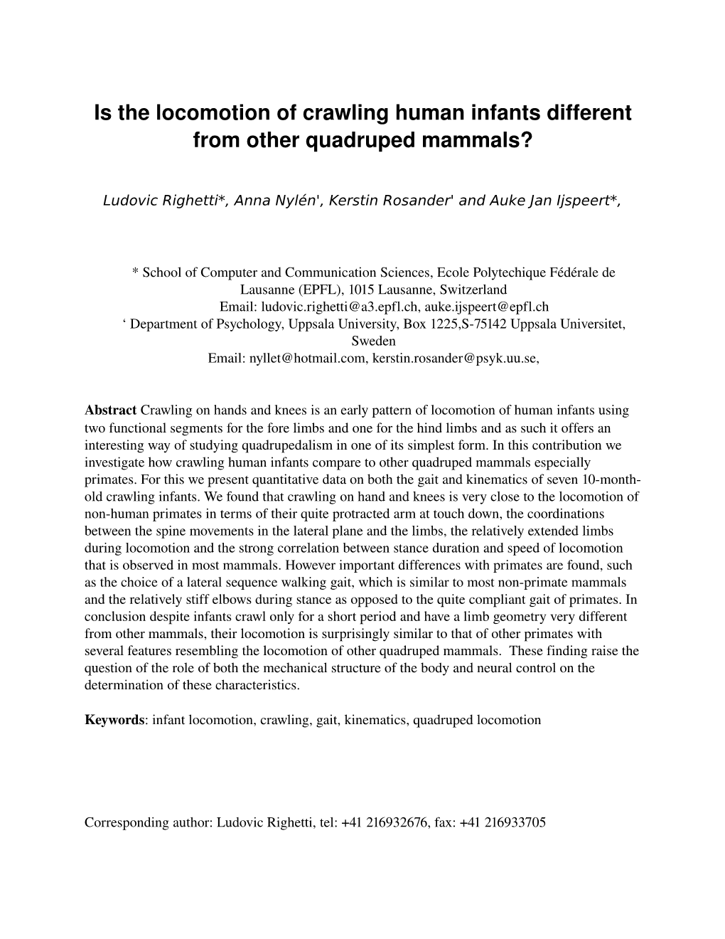 Is the Locomotion of Crawling Human Infants Different from Other Quadruped Mammals?